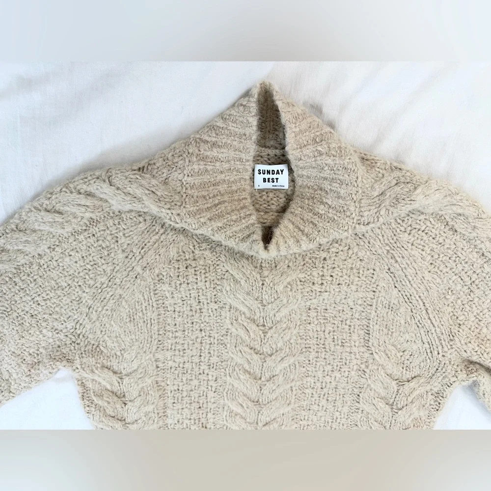Sunday Best Cropped Cabled Knit Turtleneck Sweater - Beige/Tan - Picture 4 of 9